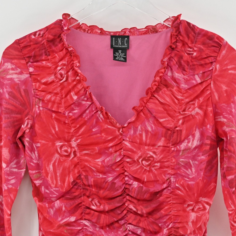 Vintage Y2k Ruched Mesh Top Womens Size M Pink Floral INC International Concepts - Picture 8 of 12